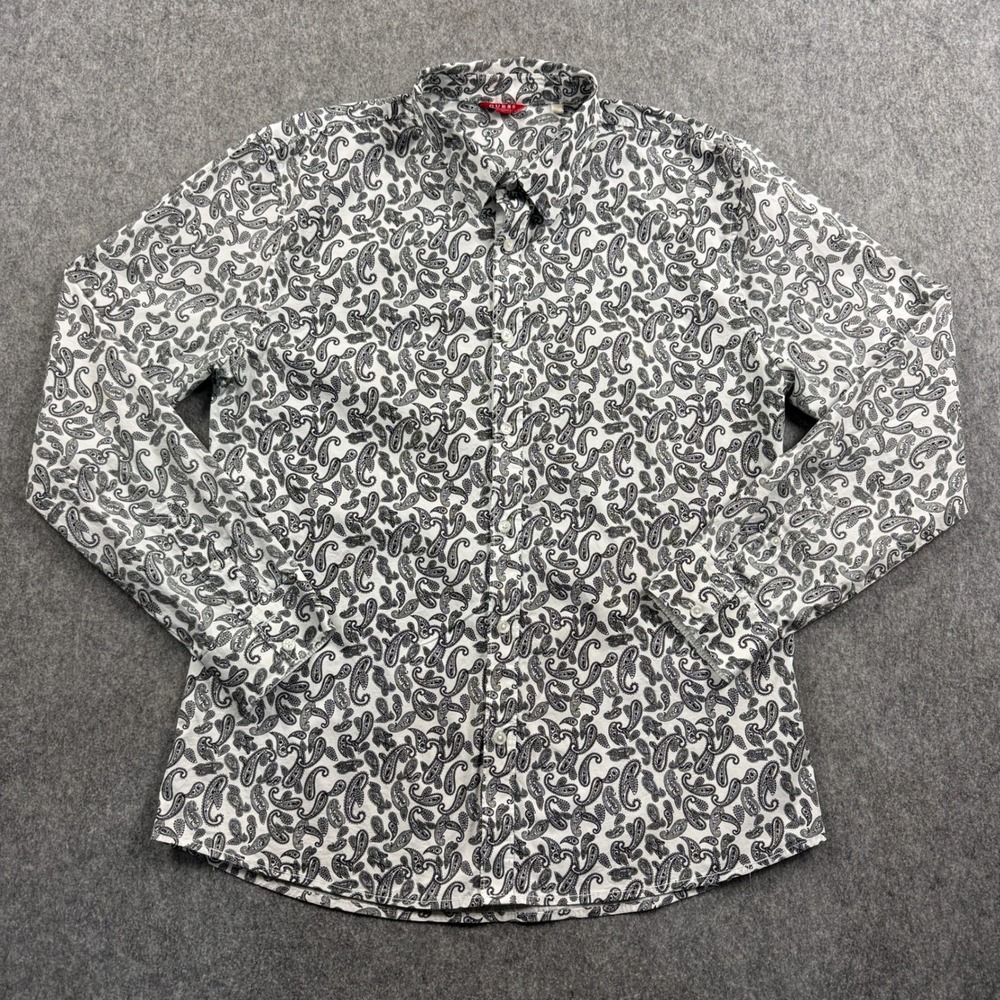 GUESS Womens Paisley Button Up Shirt White Black Long Sleeve XL Regular Fit